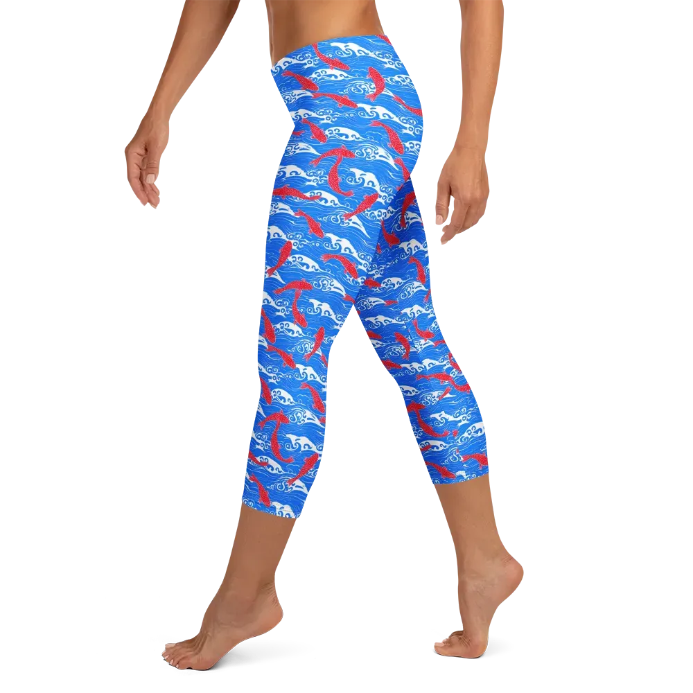 Crimson Koi Current on Capri Leggings — Left
