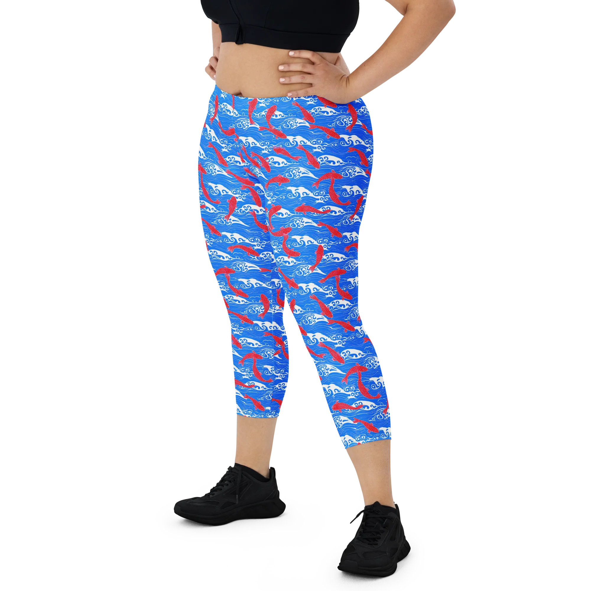Crimson Koi Current on Capri Leggings — Front