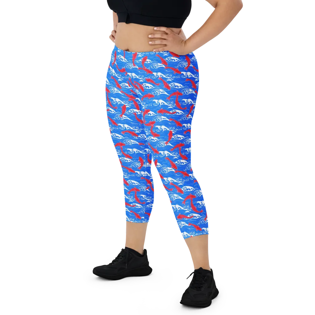 Crimson Koi Current on Capri Leggings — Front
