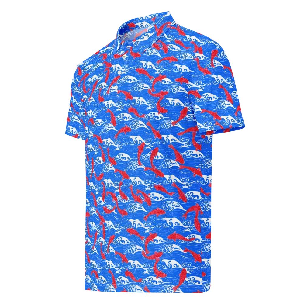 Crimson Koi Current on Men's Slim Fit Polo Shirt — Left Front