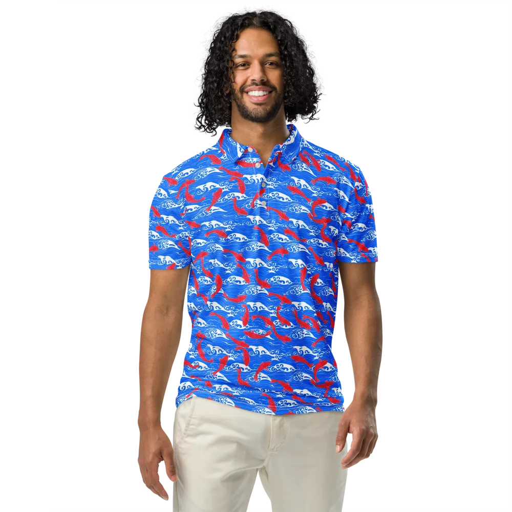 Crimson Koi Current on Men's Slim Fit Polo Shirt — Front