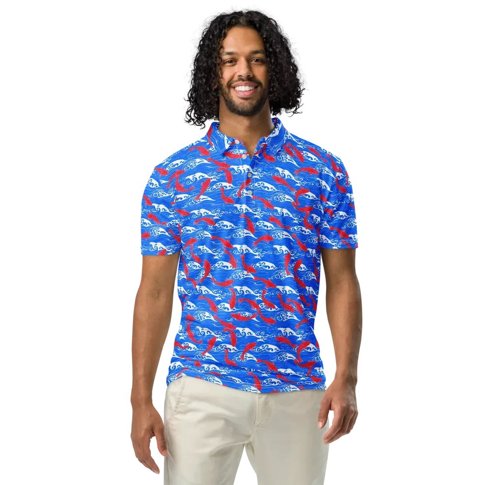 Crimson Koi Current on Men's Slim Fit Polo Shirt — Front