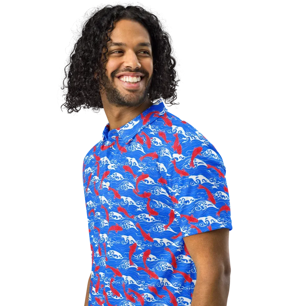 Crimson Koi Current on Men's Slim Fit Polo Shirt — Left Front