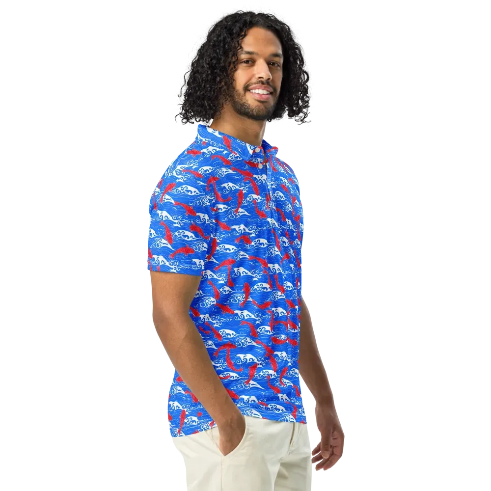 Crimson Koi Current on Men's Slim Fit Polo Shirt — Right Front