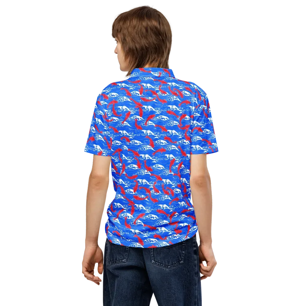 Crimson Koi Current on Men's Slim Fit Polo Shirt — Back