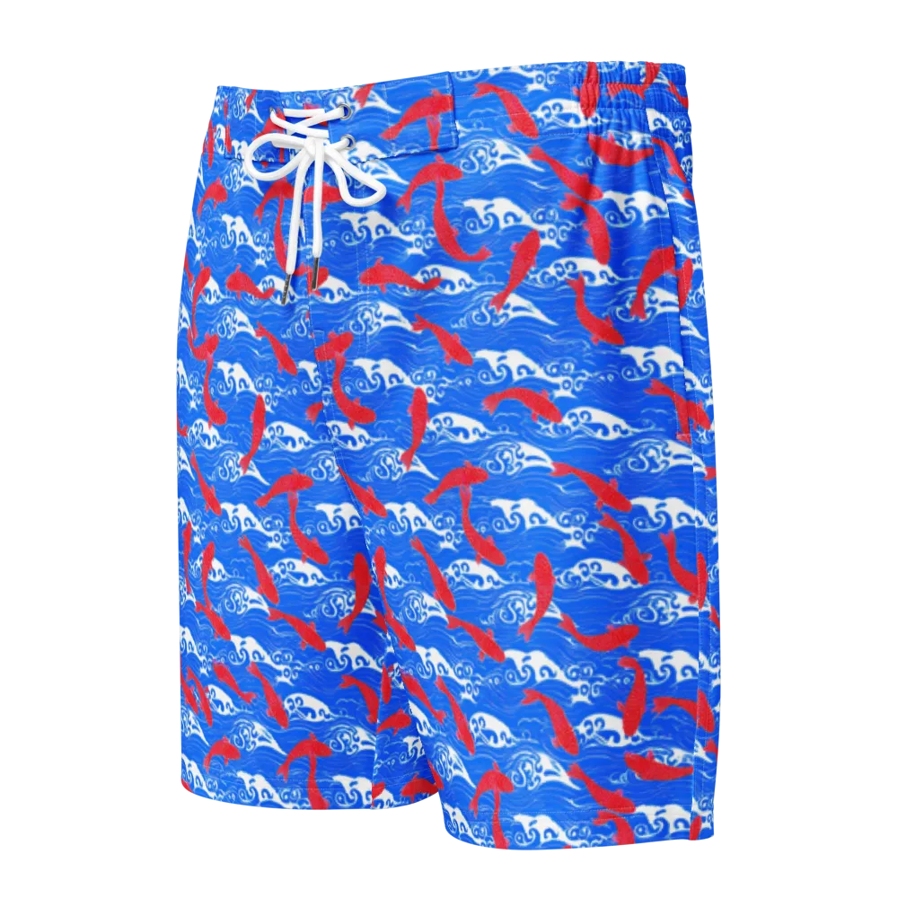 Crimson Koi Current on Men's Board Shorts — Front
