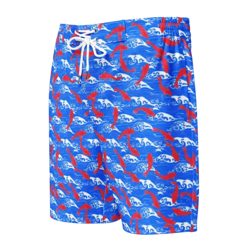 Crimson Koi Current on a Men's Board Shorts