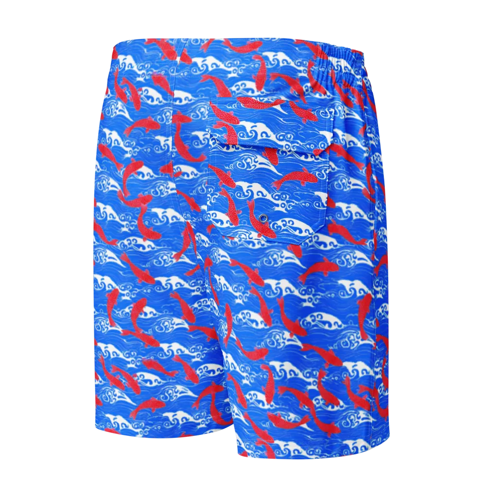 Crimson Koi Current on Men's Board Shorts — Back