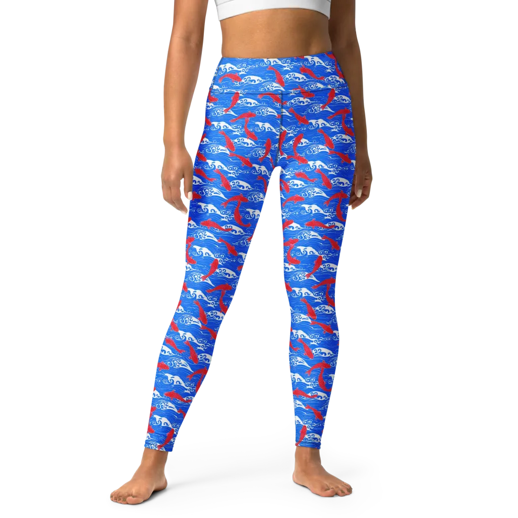 Crimson Koi Current on Yoga Leggings — Front