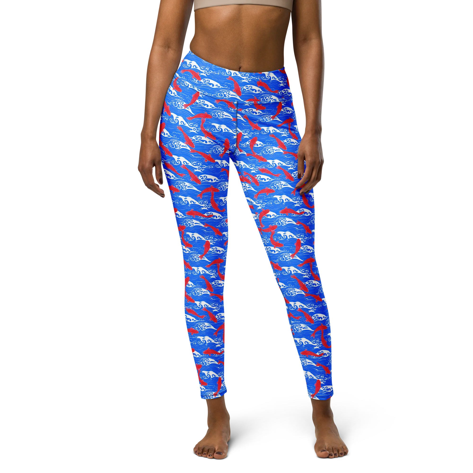 Crimson Koi Current on Yoga Leggings — Front