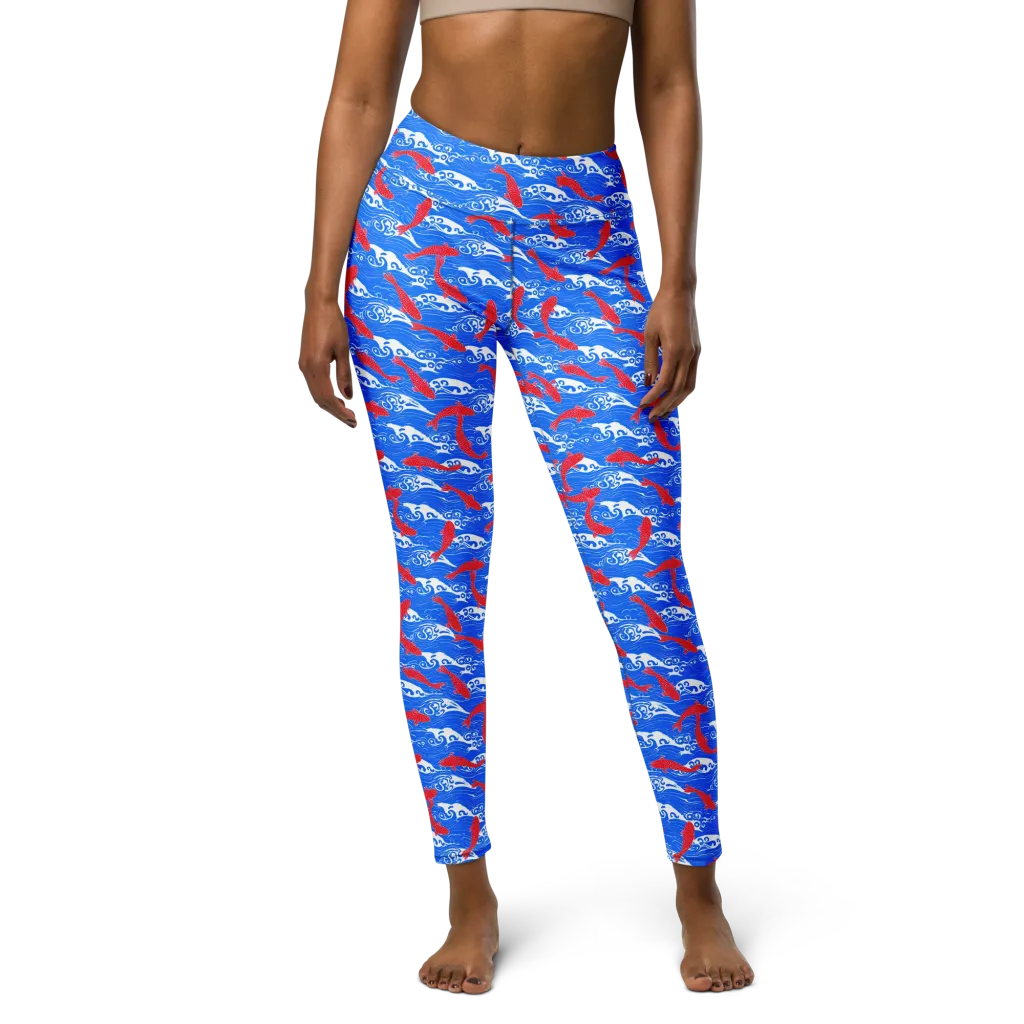 Crimson Koi Current on Yoga Leggings — Front