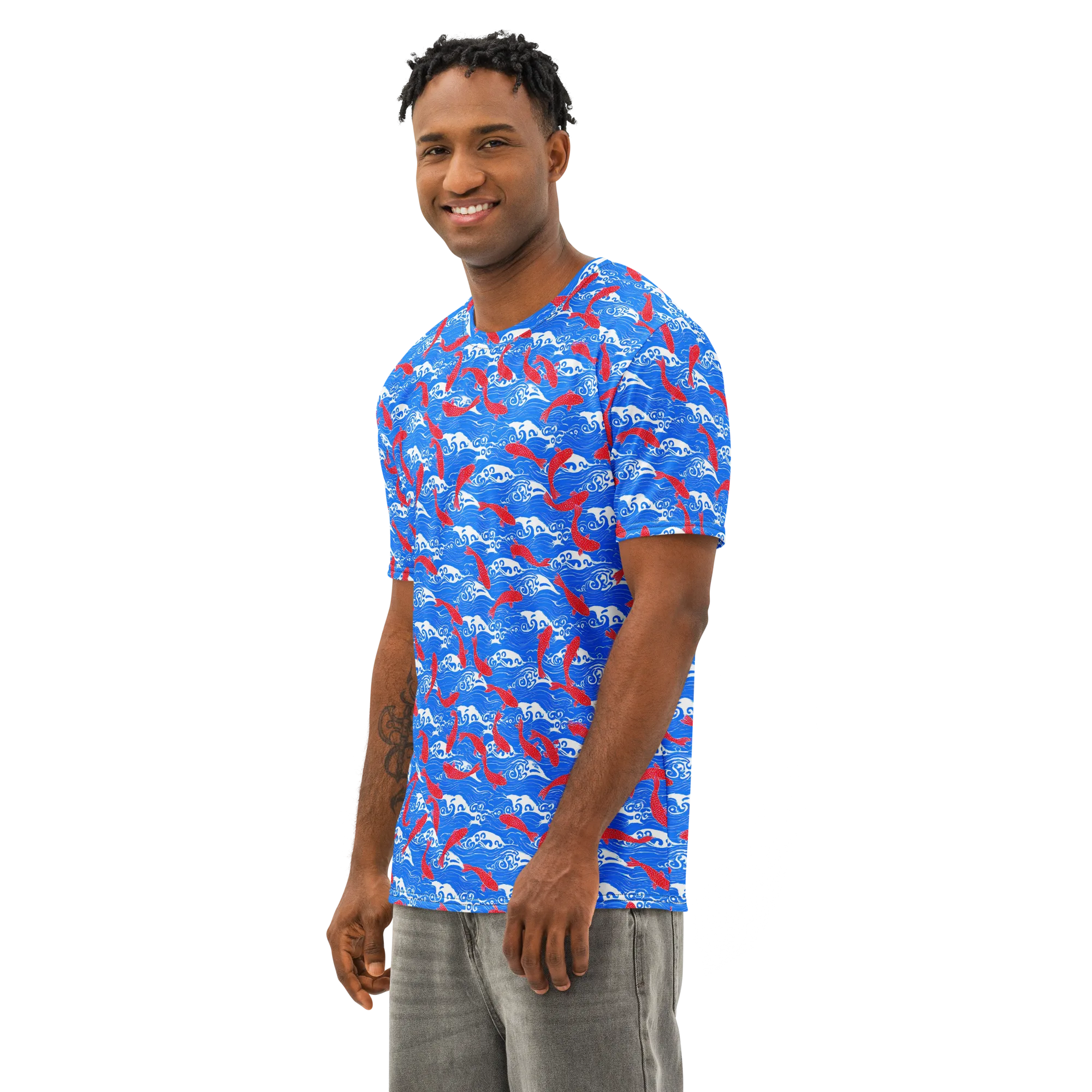 Crimson Koi Current on Men's Cotton Crew Neck T-Shirt — Left Front