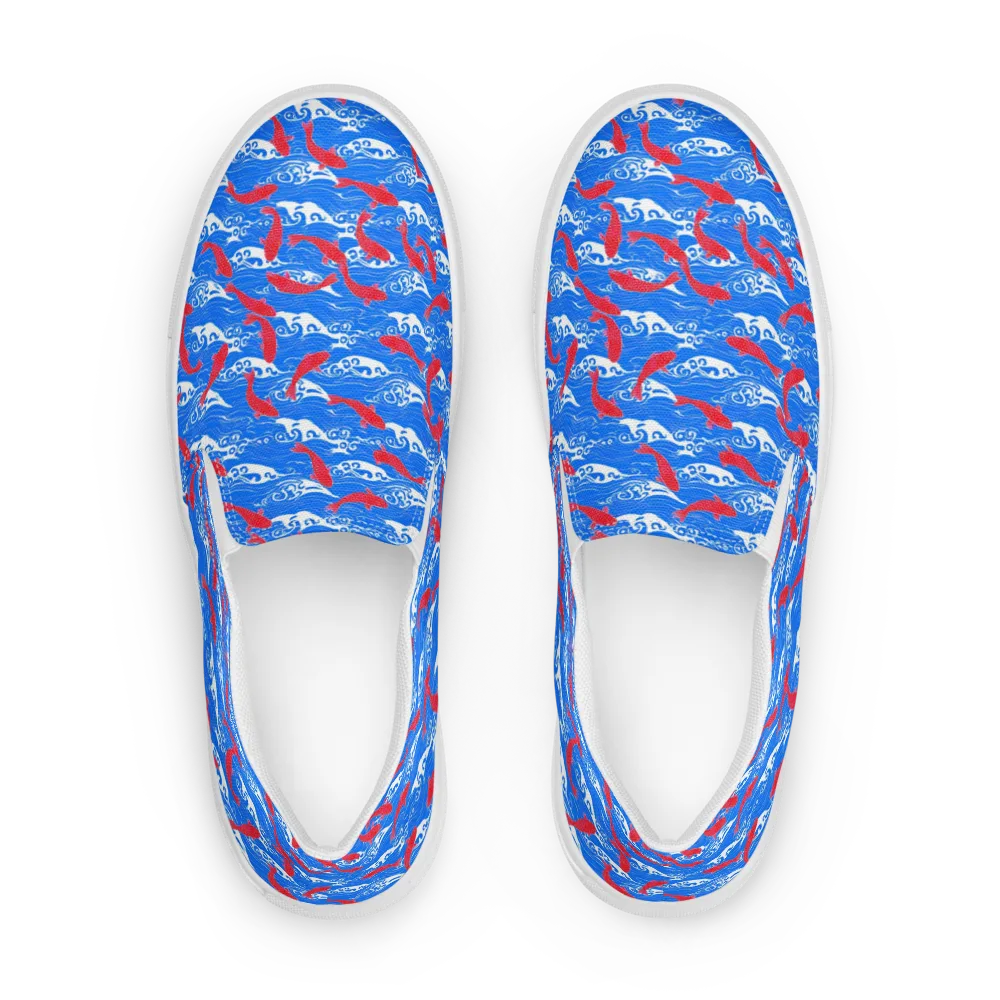 Crimson Koi Current on Men's Slip-On Canvas Shoes — Front