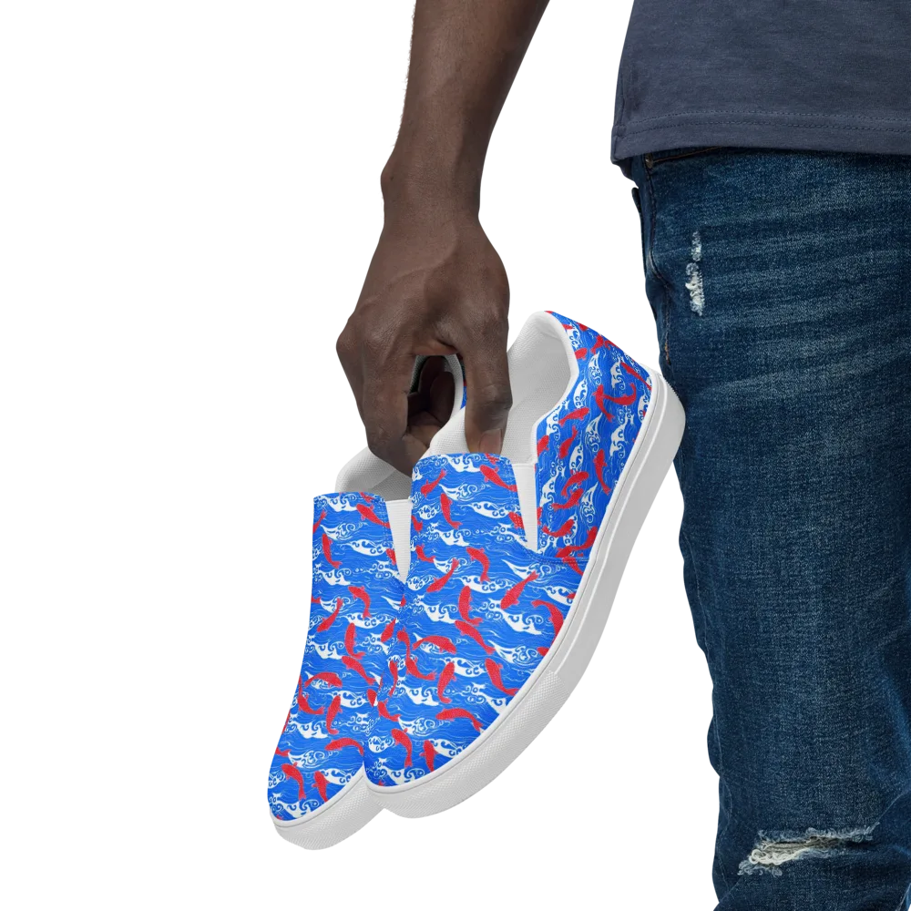 Crimson Koi Current on Men's Slip-On Canvas Shoes — Left Front