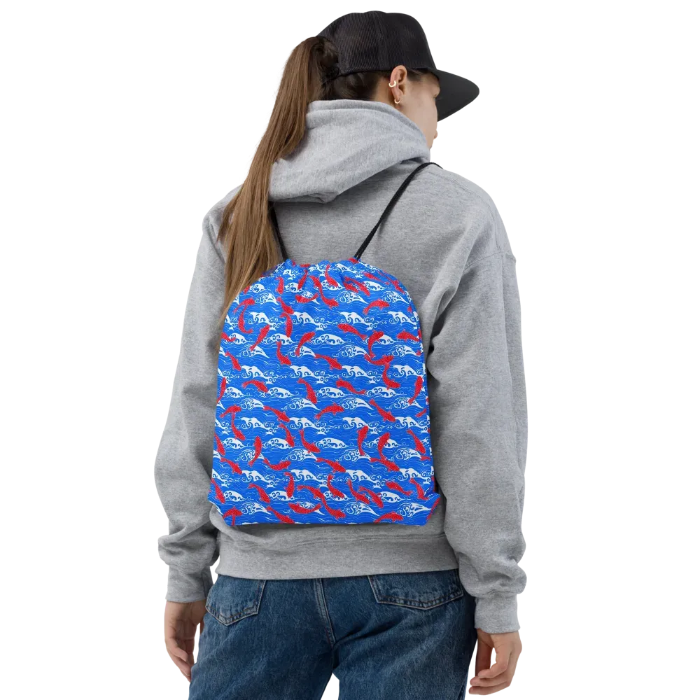 Crimson Koi Current on Drawstring Bag — Front