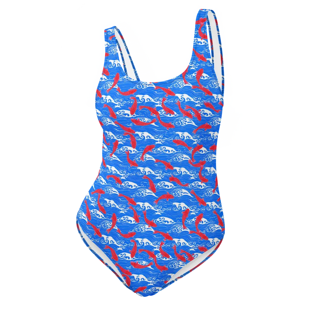 Crimson Koi Current on One-Piece Swimsuit — Front