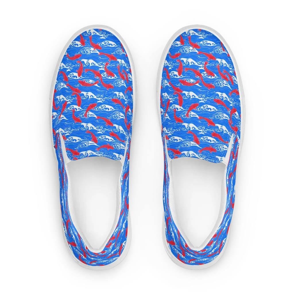 Crimson Koi Current on Women's Slip-On Canvas Shoes — Front