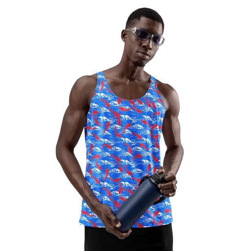 Crimson Koi Current on a Men's Tank Top
