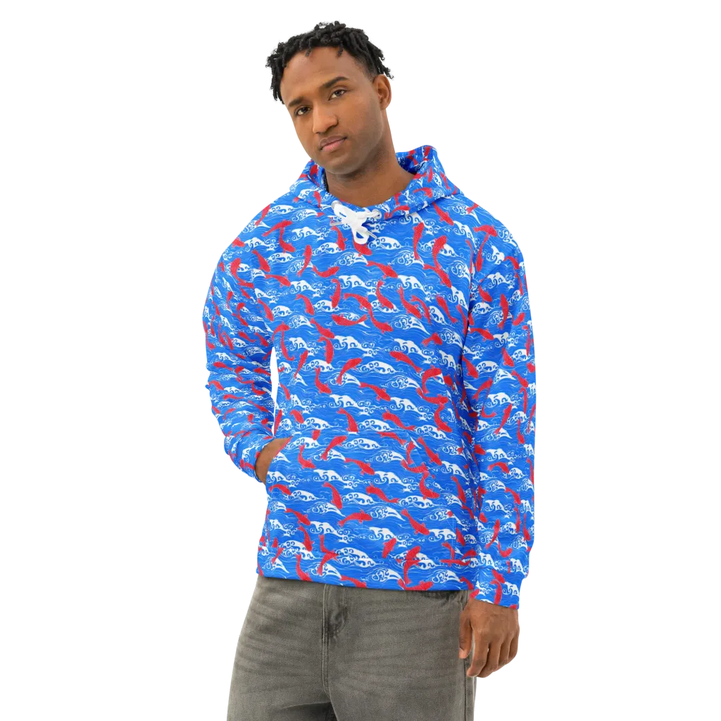 Crimson Koi Current on Cotton Hoodie — Left Front