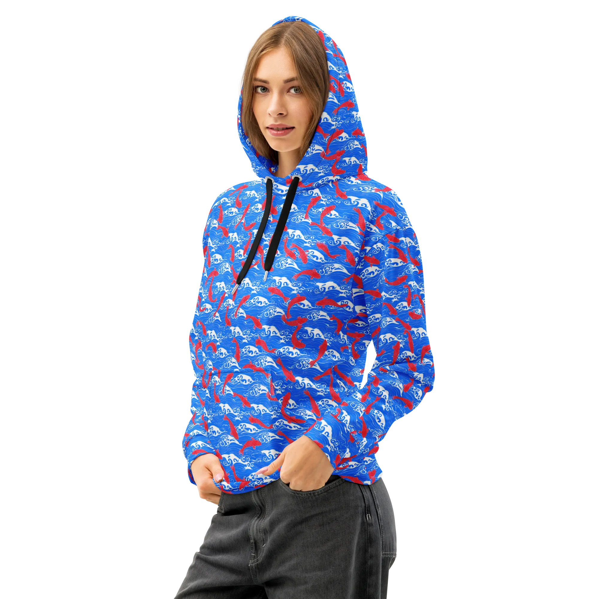 Crimson Koi Current on Cotton Hoodie — Left Front