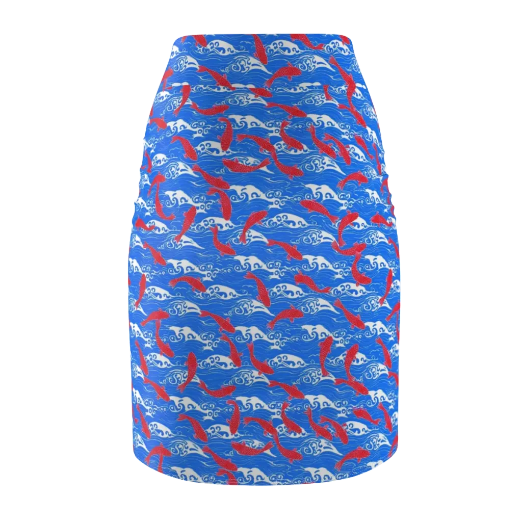 Crimson Koi Current on Pencil Skirt — Back