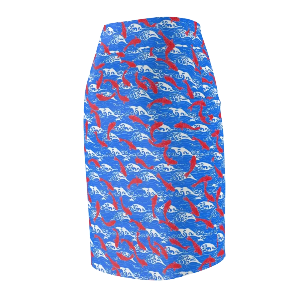 Crimson Koi Current on Pencil Skirt — Back Side