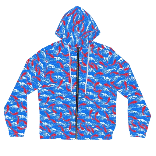 Crimson Koi Current on a Women's Full-Zip Hoodie