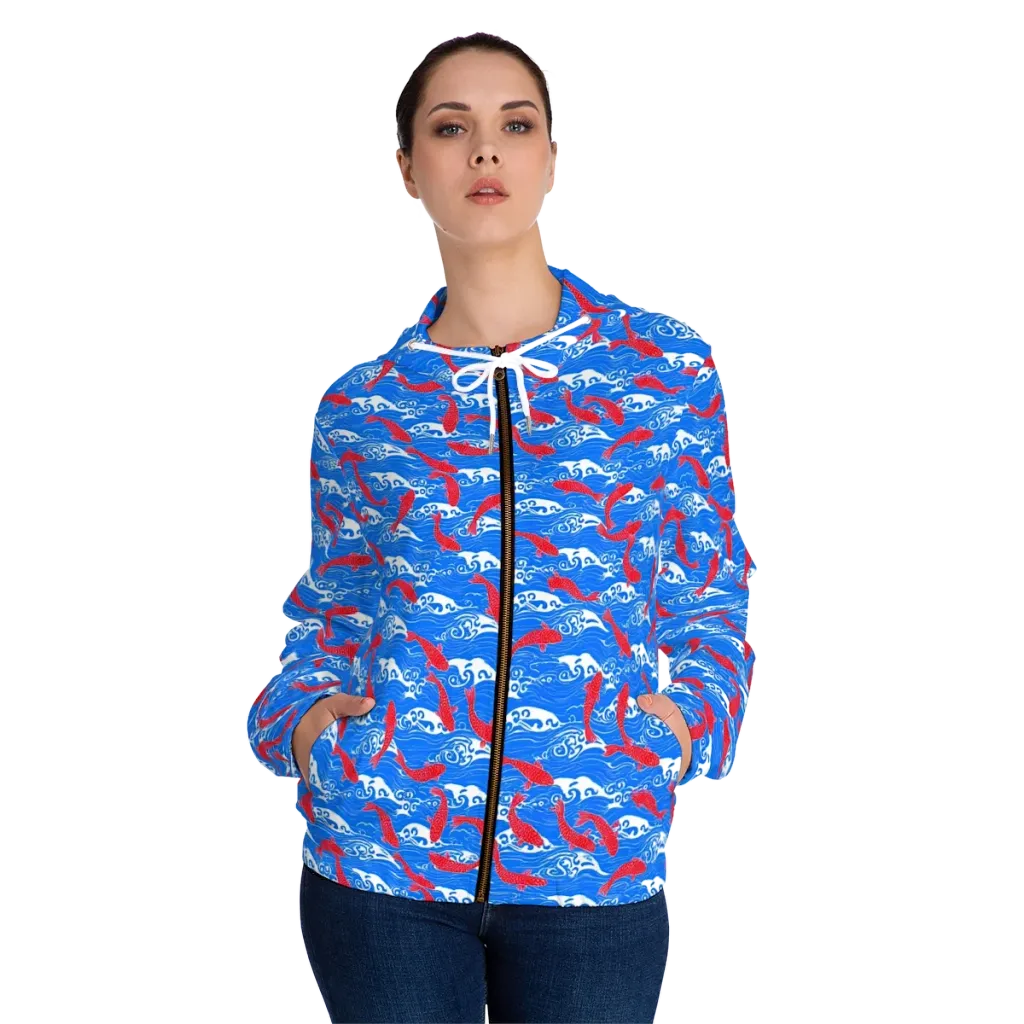 Crimson Koi Current on Women's Full-Zip Hoodie — Front On Person
