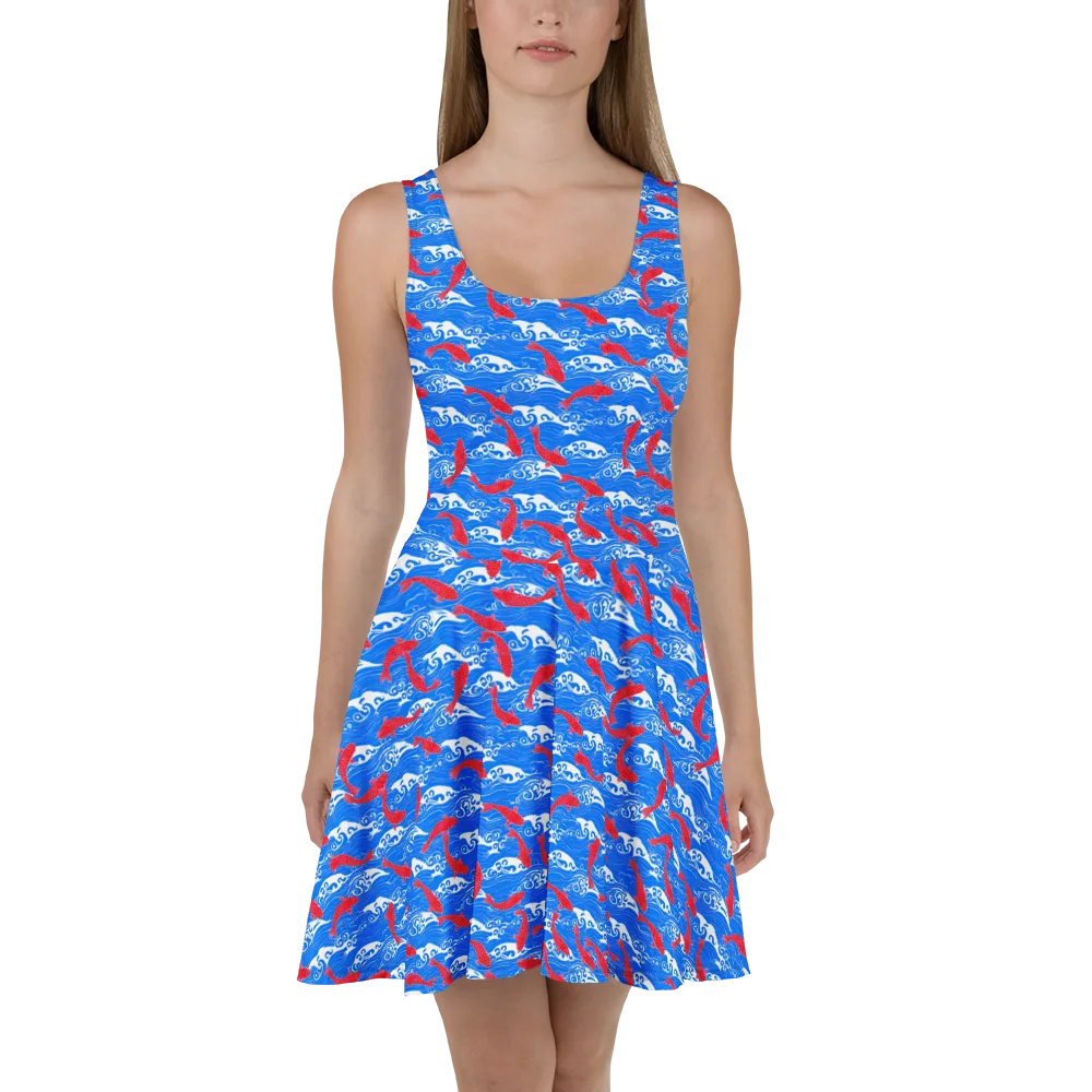 Crimson Koi Current on Skater Dress — Front