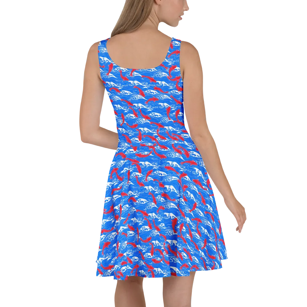 Crimson Koi Current on Skater Dress — Back