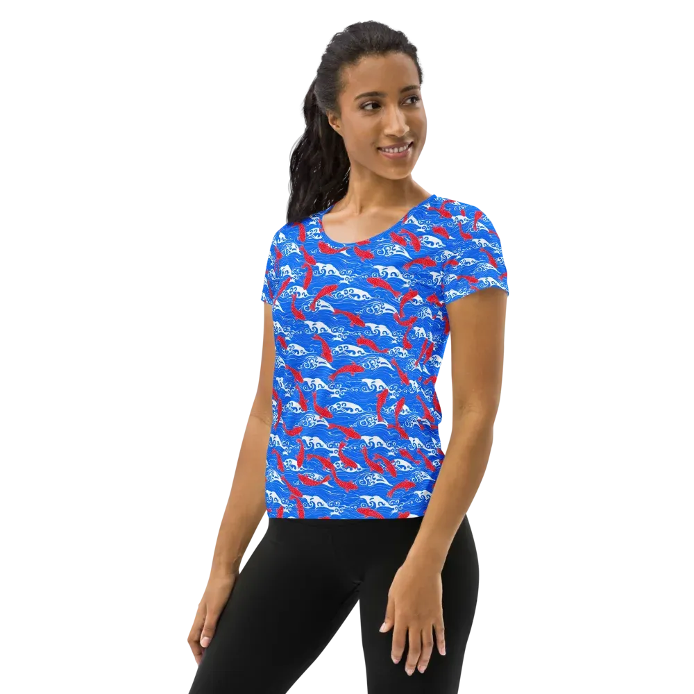 Crimson Koi Current on Women's Athletic T-Shirt — Left