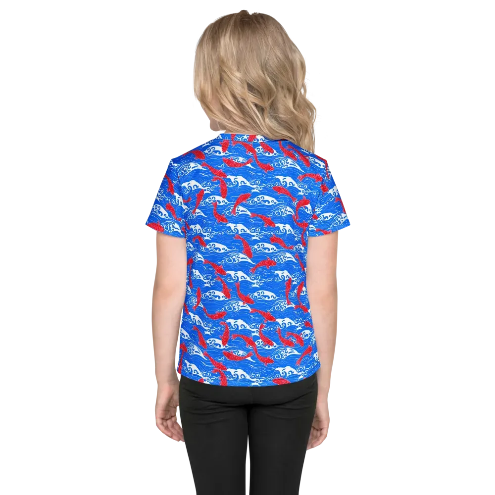 Crimson Koi Current on Kids Crew Neck T-Shirt — Back