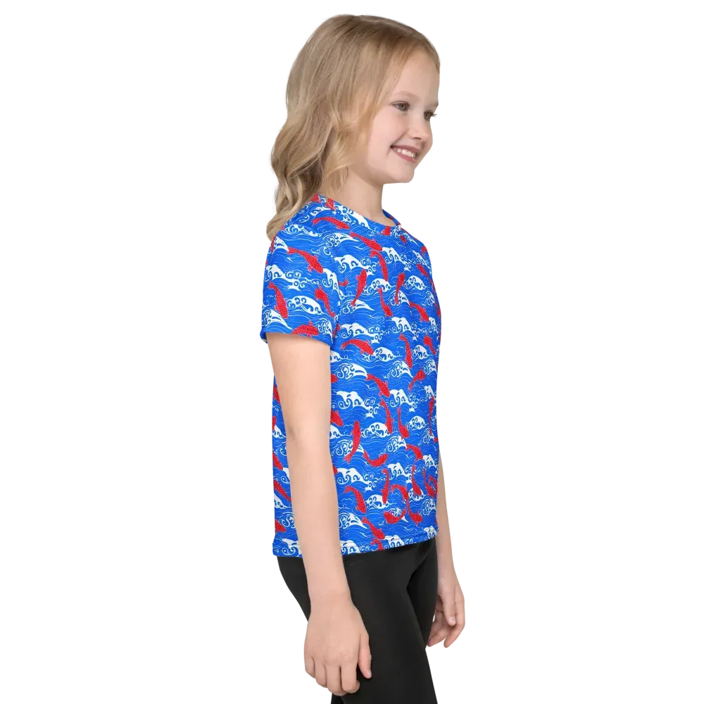 Crimson Koi Current on Kids Crew Neck T-Shirt — Right