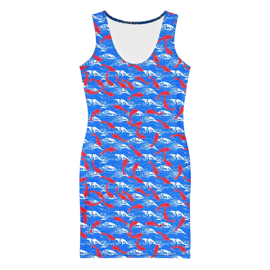 Crimson Koi Current on Bodycon Dress — Front