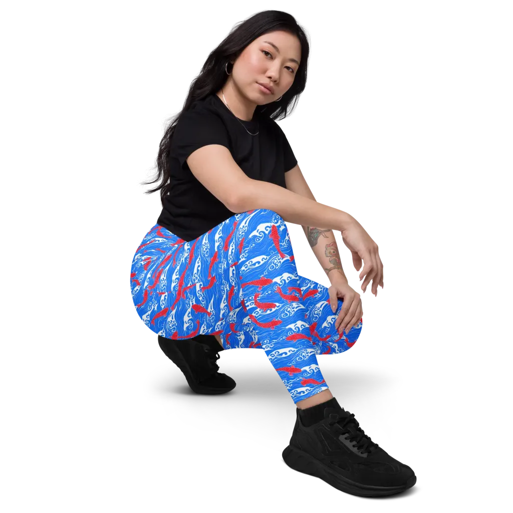 Crimson Koi Current on Leggings with Pockets — Right Front