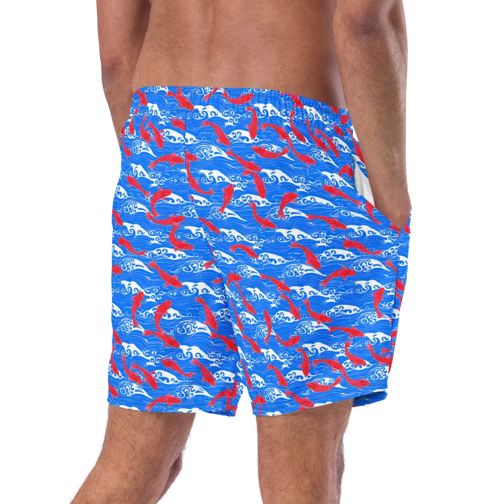 Crimson Koi Current on Swim Trunks — Right Back