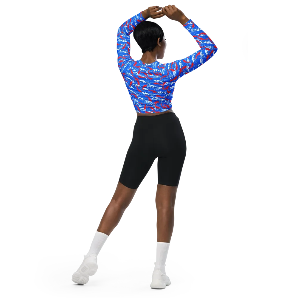Crimson Koi Current on Long Sleeve Crop Top — Back
