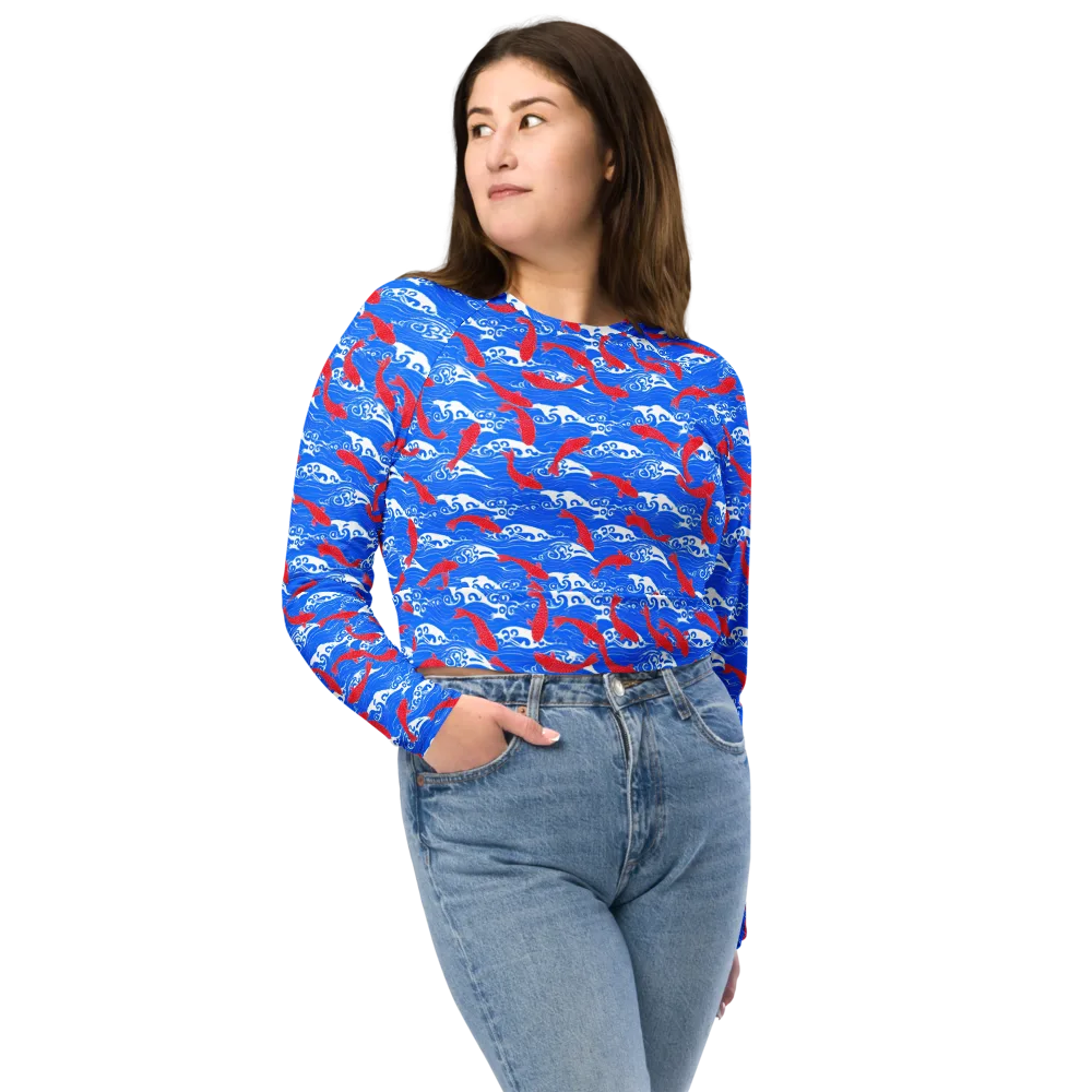Crimson Koi Current on Long Sleeve Crop Top — Front