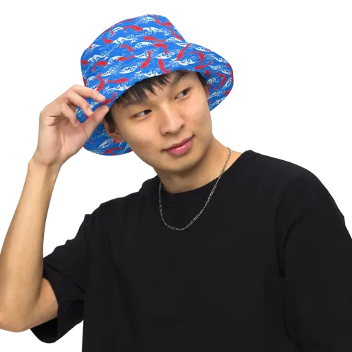 Crimson Koi Current on a Reversible Bucket Hat