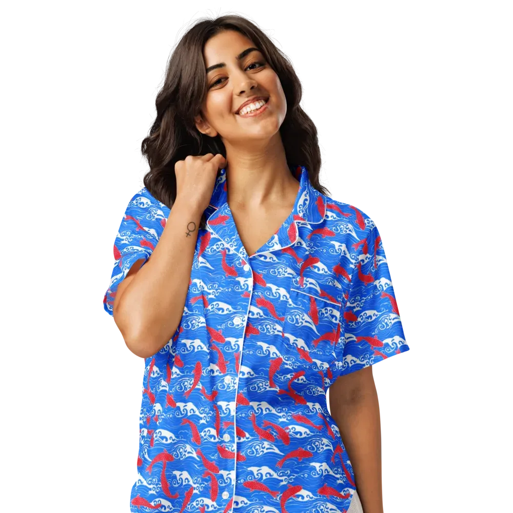 Crimson Koi Current on Women's Short Sleeve Pajama Top — Front