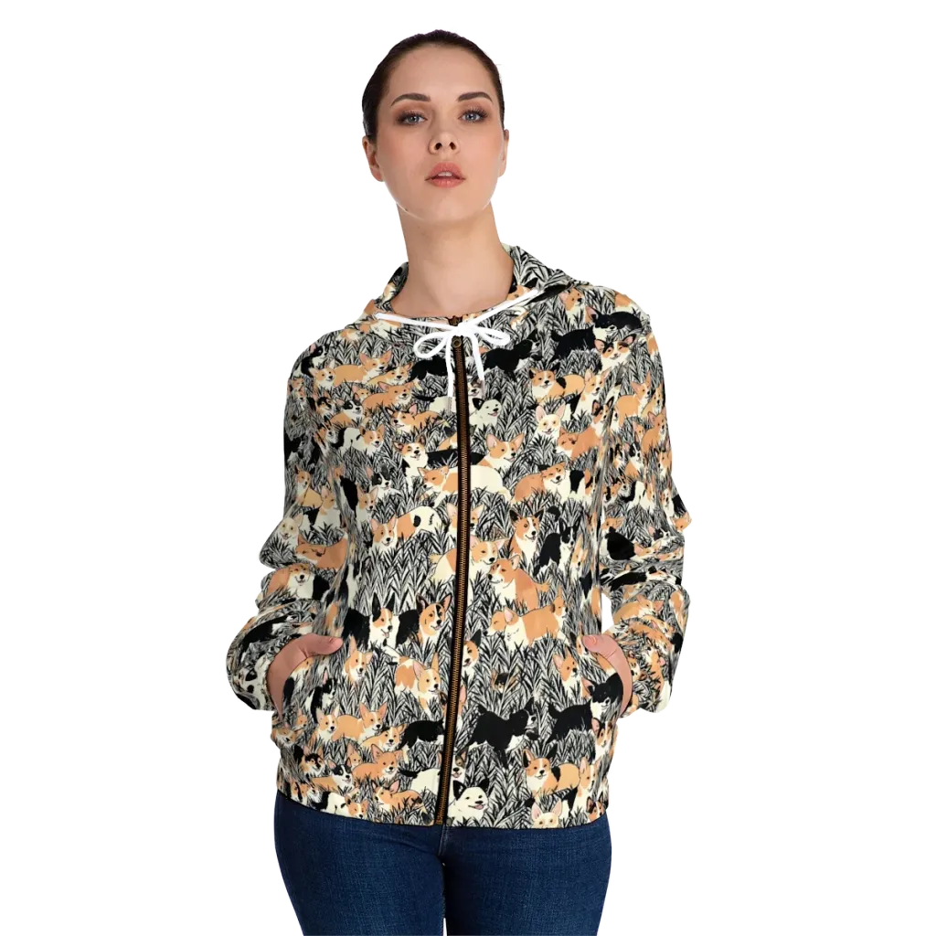 Corgi Country on Women's Full-Zip Hoodie — Front On Person