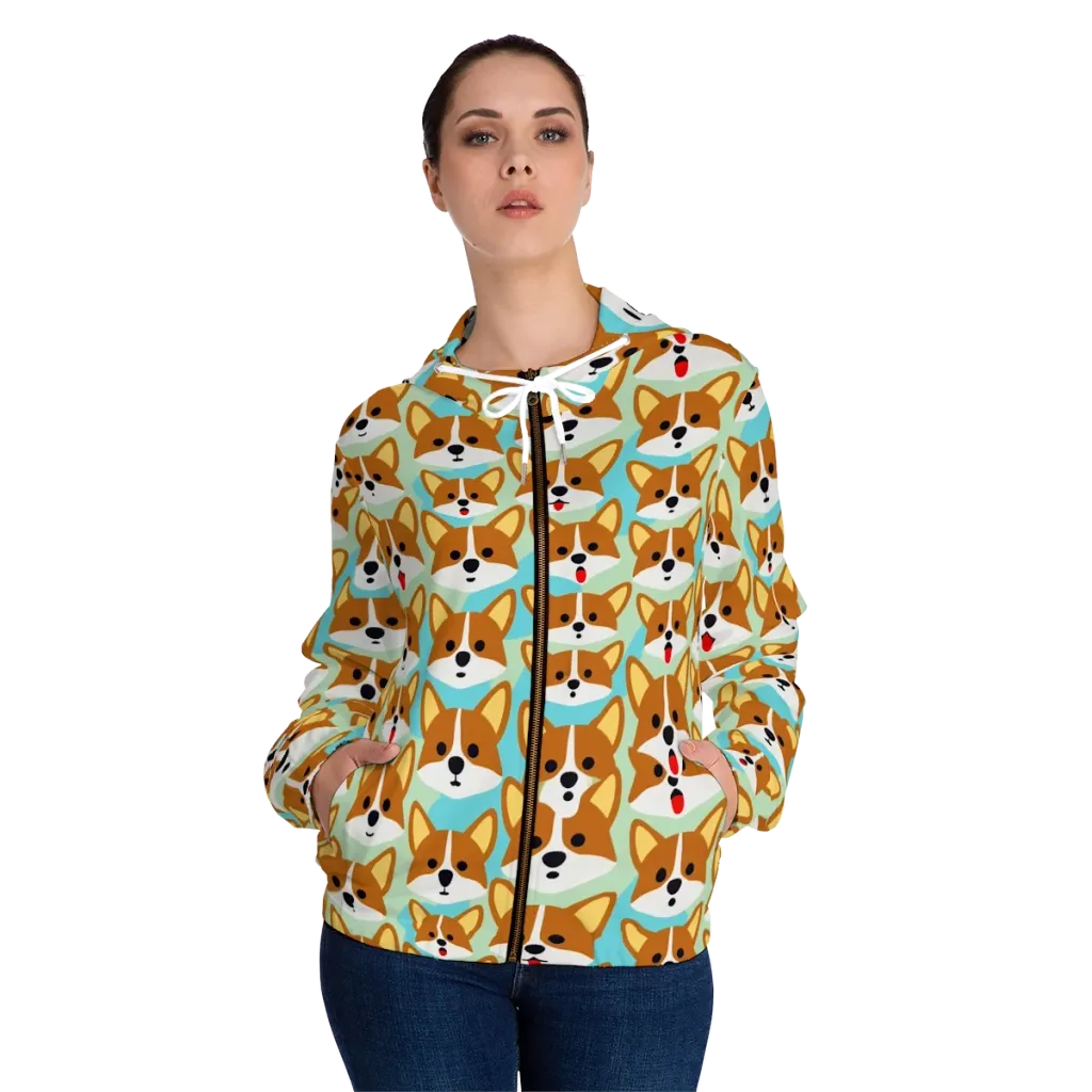 Corgi Parade on Women's Full-Zip Hoodie — Front On Person