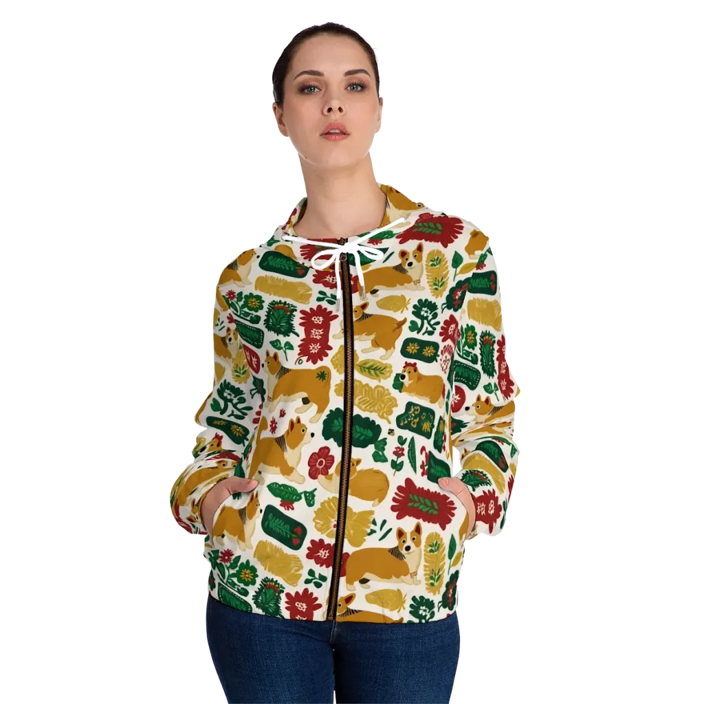 Corgi Conservatory on Women's Full-Zip Hoodie — Front On Person