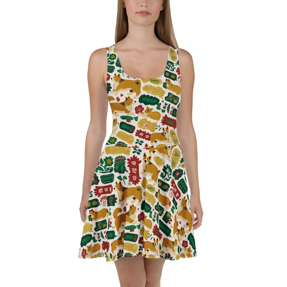 Corgi Conservatory on Skater Dress — Front