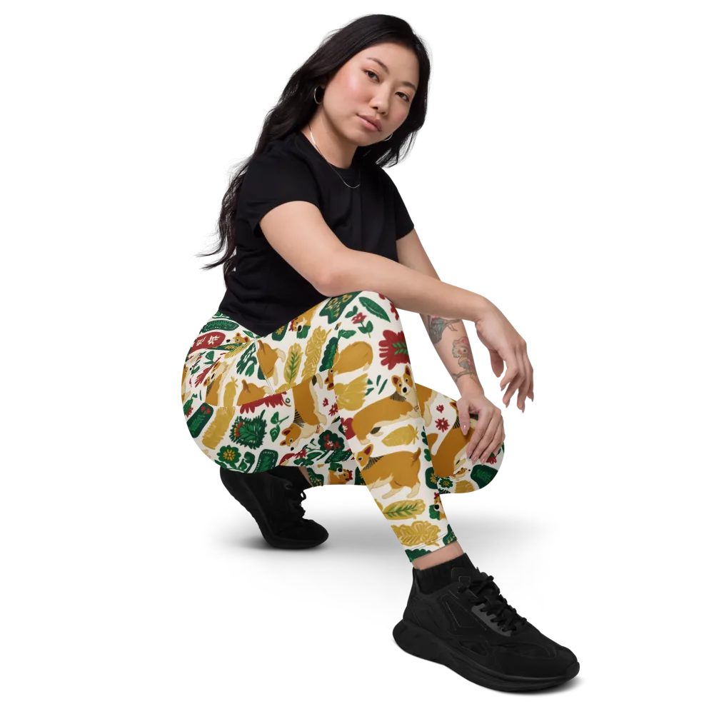 Corgi Conservatory on Leggings with Pockets — Right Front