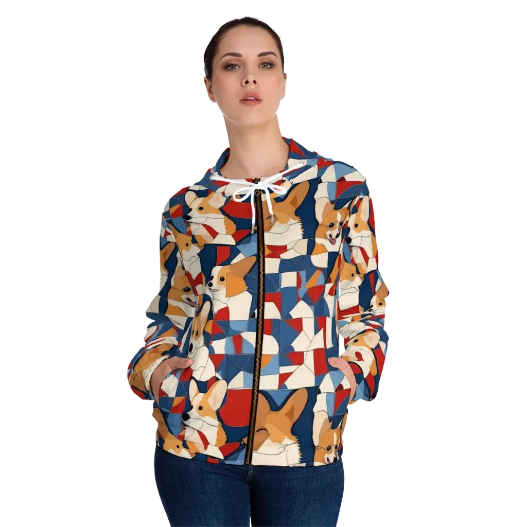 Corgi Color Theory on Women's Full-Zip Hoodie — Front On Person