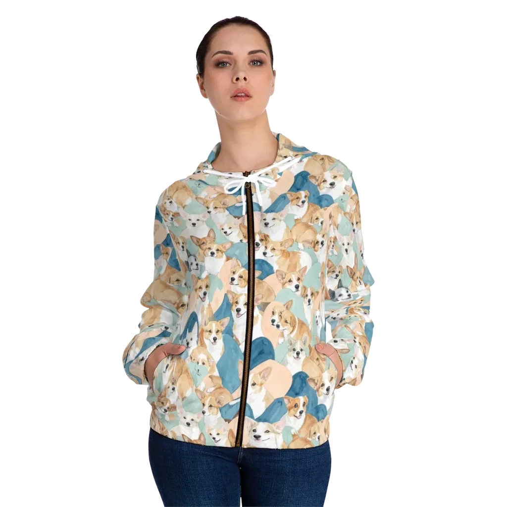 Corgi Cove on Women's Full-Zip Hoodie — Front On Person