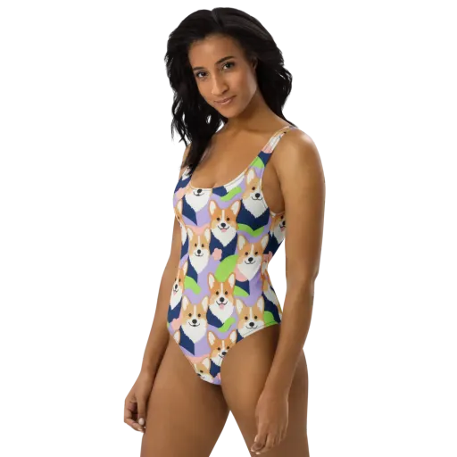 Corgi Colorwave on a One-Piece Swimsuit