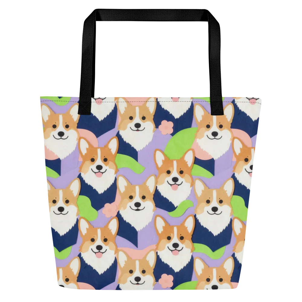 Corgi Colorwave on Large Tote Bag W/ Pocket — Front