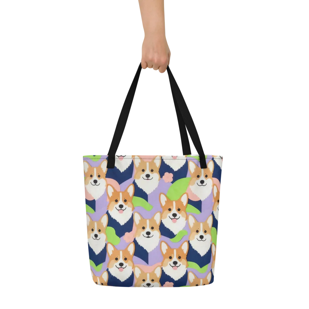 Corgi Colorwave on Large Tote Bag W/ Pocket — Front